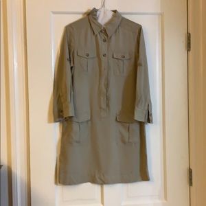 Belted taupe-colored silk dress